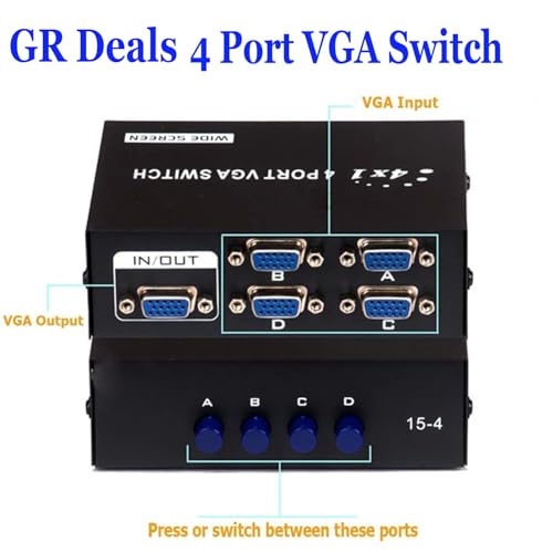Image of 4 Port Vga Video Splitter, 4 Port VGA Switch, Distributor Amplifier 4-to-1 Monitor Vga /Svga LCD Crt Splitter Box, Display Distributor Supports High Resolution Up to 1920x1400.(Black).
