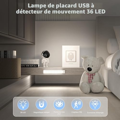 OUILA Lampe d'Armoire 36 LEDs, Rechargeable USB Sans Fil LED Lampe de Placard à Détecteur de Mouvement, Éclairage à LED étude de Cuisine Veilleuse Escalier Couloir (2 Pack) – vue 3