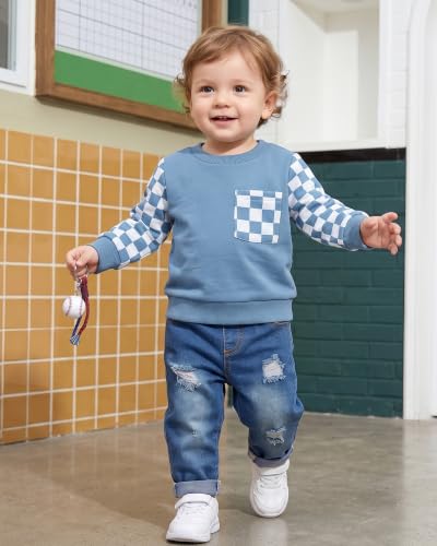 Image of NZRVAWS Toddler Baby Boy Clothes Pullover Sweater Ripped Jean Sweatsuit Little Boy Outfit Fall Winter Clothing Set 6M-7T