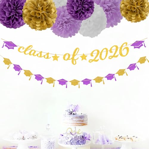 Image of Purple White-Gold Party-Decorations Graduation Banner - 8pcs Kits Class of 2026 Cap Garland Streamers, Paper Tissue Pom Poms Flowers, Congratulations Grad Decor Lasting Surprise