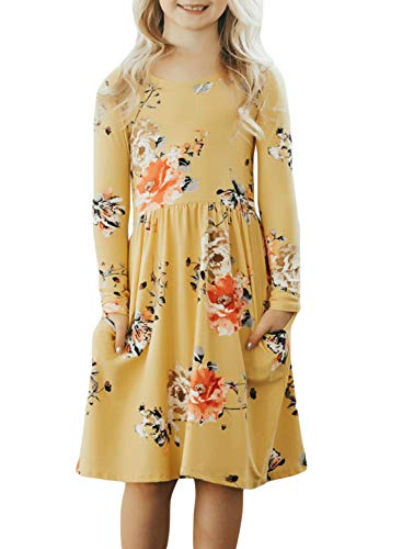 Ecokauer Girls Long Sleeve Floral Print Pleated Swing Casual Midi Dress with Pocket Size 4-13
