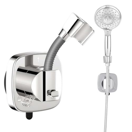 360° Suction Shower Head Holder Showerhead Holder Suction Shower Head Holders Removable Shower Holder Bracket for Most Shower Heads (Silver)