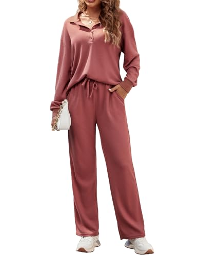 Ekouaer Womens 2 Piece Matching Lounge Set Fall Outfits 2025 Clothing Long Sleeve Waffle Knit...
