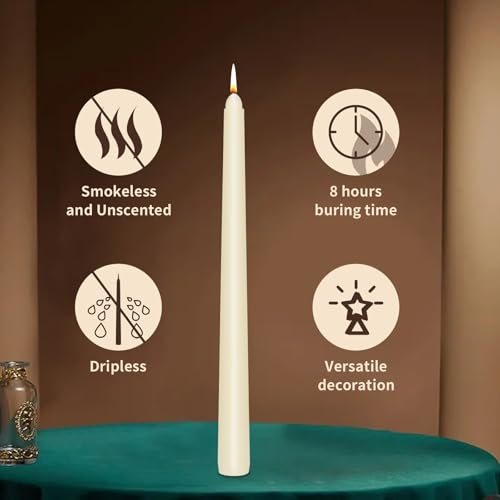 Image of KORCCI Taper Candles 10 Inch - Long Candles, 8 Hours Long Burning, Smokeless & Unscented & Dripless, for Weddings, Birthdays, Dinner Parties, Rituals, Prayer, Birthdays, Meditation (White Ivory)