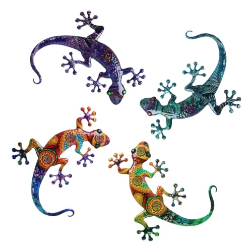 dreamskip 4 Pack Metal Gecko Outdoor Decor Metal Lizards Hanging Wall Sculpture Colorful Mexican Yard Art Decoration for Garden Fence Patio Home Outside