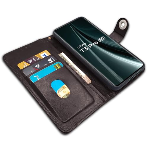 Image of Pikkme Flip Cover Leather Finish | Inside TPU with Card Pockets | Wallet Stand and Shock Proof | Complete Protection Button Flip Case for Vivo T3 Pro 5G / iQOO Z9s Pro 5G (Coffee)