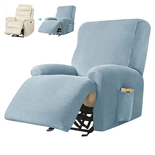 Fernsehsessel Schutzbezug Samt Liegesofabezug, Sofa überzug 1 Sitzer 4-teiliger Ruhesessel Bezüge mit Seitentasche, Möbelschutz für Liegesessel Sesselhussen Stretch mit Armlehne (Color:Hellblau) Cover