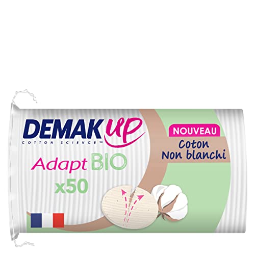 Demak'Up Adapt Bio Cotons à Démaquiller - Visage et Yeux - 100% Fibres de Coton Naturelles Biologiques et non Blanchies - Certifiés GOTS - 50 Cotons