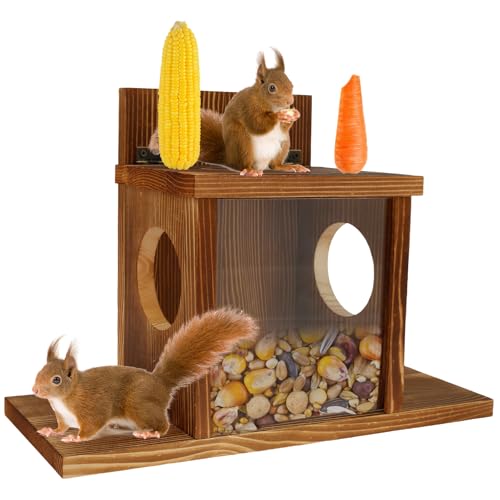 Wooden Squirrel Feeder House Squirrel Feeder for Garden Large Capacity Squirrel Feeding Station Squirrel House with Flexible Roof Chipmunk Feeding Station for Backyard and Garden 35×12.5×24cm