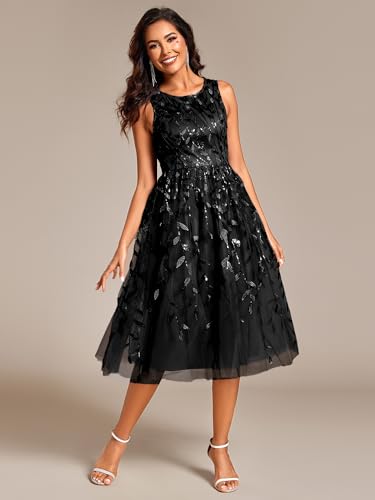 Ever-Pretty Women's Sequin Sparkly Crew Neck Short Sleeve Tea Length Evening Dress 207363