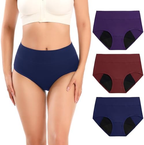 Molasus Incontinence Underwear for Women High Absorbency Period Leakproof Cotton Underwear Heavy Flow Menstrual Protective Plus Size Panties Bladder Control Briefs 3 Pack,Multicolor,XX-Large