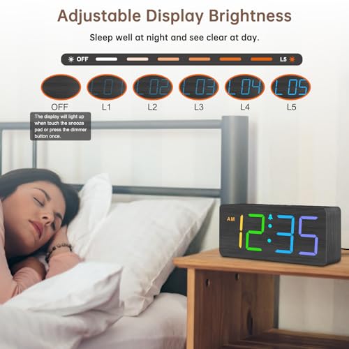 Image of DreamSky Wooden Digital Alarm Clock for Bedroom, Living Room Desk | RGB Loud Alarm Clock for Heavy Sleepers with Volume Control, Large Numbers with Dimmer, Office Wood Decor (Plug in Clock)