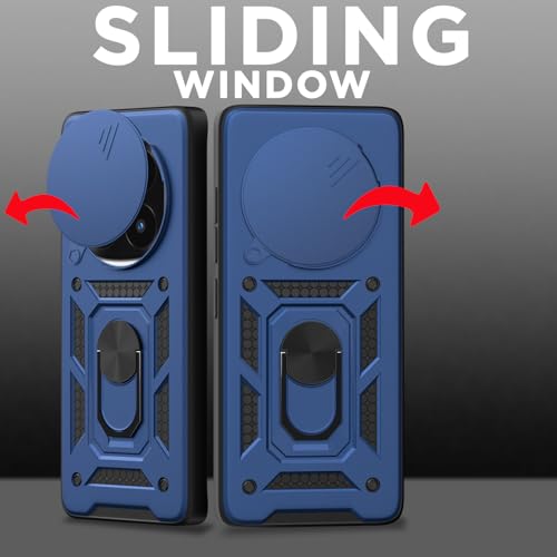 Image of Pikkme Back Cover for Redmi Note 14 Pro Plus 5G | D10 Tough Armor | 360 Protection Case | Sliding Camera Shield Cover & Ring Holder Stand Bumper Case (Blue)
