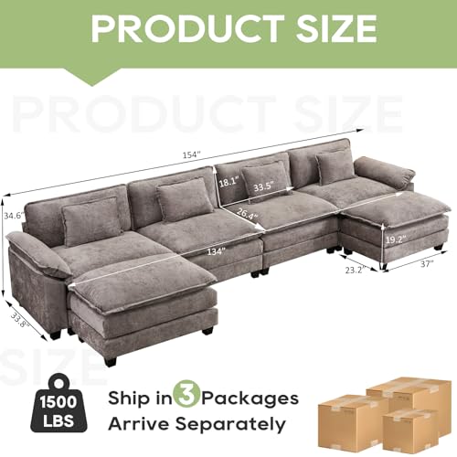 Image of Oprisen 154 inch Modular Sectional Sofa, Comfy Cloud Couch Sectional Sofa with Ottoman, Chenille Sofa Sleeper Deep Seat Sofa with Throw Pillows for Living Room (Light Gray, 154 inch- U Shape)