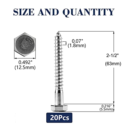 Image of 5 /16 inch x 2-1 /2 inch Hex Head Lag Screws Bolts 20Pcs 304 Stainless Steel 18-8, Partial Thread, Hexagon Head Wood Screws by SG TZH