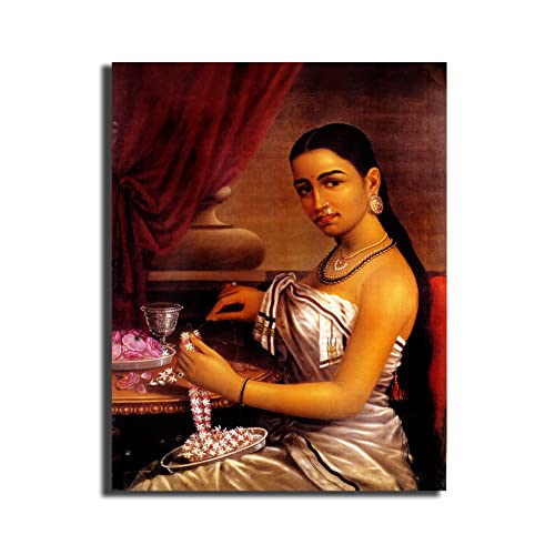Image of Sikhash Raja Ravi Varma Canvas Paintings Classic Art, Indian Art, Famous Artist, Wall Painting for Living Room, Bedroom, Office, Unframed, Multicolor Fabric Size - 12x9 inches (30x23 cms, Lady Making garland)