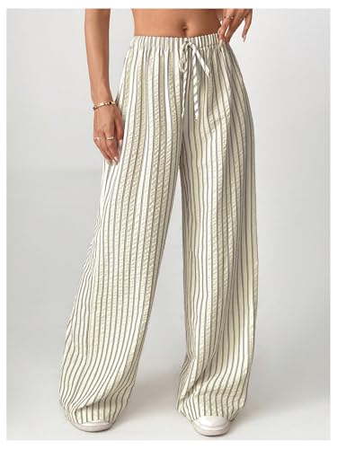 Floerns Women's Striped Wide Leg Drawstring Pants Elastic Waist Casual Loose Trousers4