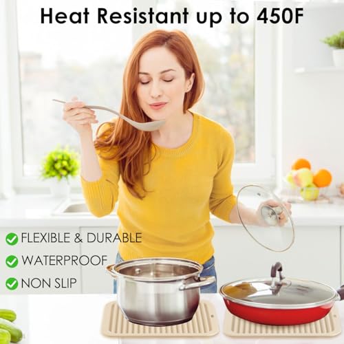 Image of QPIX DIGITAL 4 Pack Silicone Trivets for Hot Dishes, Large & Heat Resistant Silicone Pot Holder Hot Pads for Kitchen, 9x12 Beige Silicone Trivet Mat for Hot Pots and Pans, Jar Opener, Drying Mat