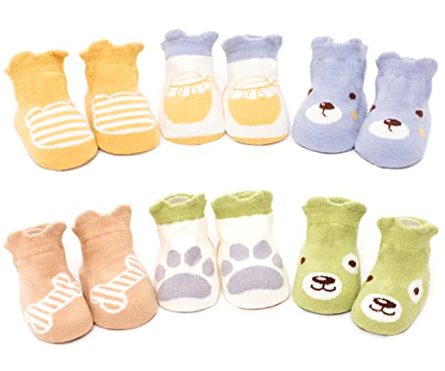 Image of Kisgyst 6 Pairs Baby Non Slip Grip Cotton Animal Ankle Socks with Non Skid Soles for Newborn Toddler Boy Girl