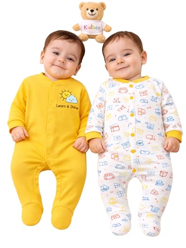 Image of Kidbee Baby Cotton Romper Pack of 2 | 100% Soft Cotton Hosiery | Front Open Snap Buttons | Full Sleeve Footed Sleepsuit | Newborn Baby Clothing Set