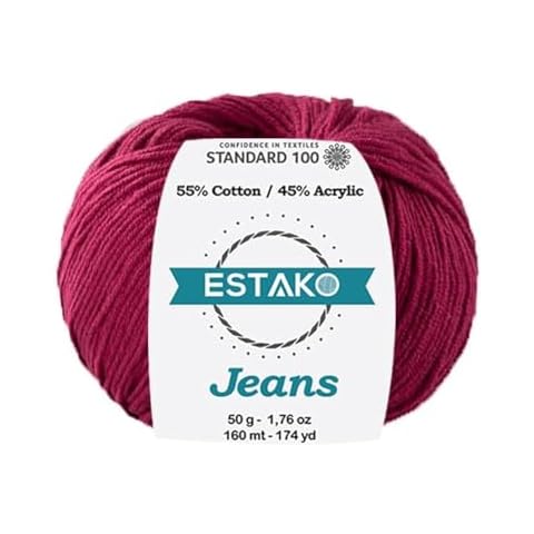Estako Jeans, 55% Cotton 45% Acrylic Amigurumi Yarn, Soft, Fine/Sport (2) for Crochet and Knitting 1.76 Oz (50g) / 174 Yrds (160m) (1015 - Claret Red) Cover