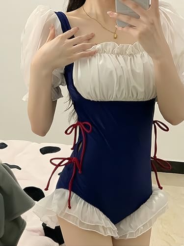 JHTPSLR One Piece Swimsuit for Teen Girls Puffer Sleeve Ruffle Lace Back Up Bathing Suit Balletcore Princess Swimwear2