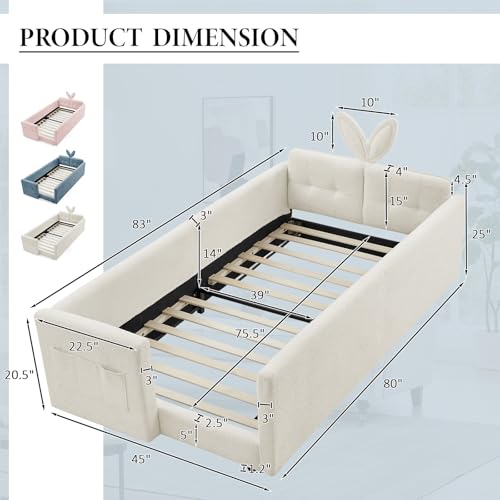 Image of Twin Size Bed Frame for Kids, Upholstered Daybed Frame Floor Bed with Safety Rails and Storage Pocket Cute Rabbit Ear Shaped Headboard for Kids Teens Boys Girls, Beige