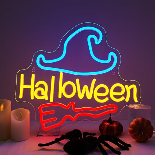 Image of NOSUN Halloween Neon Sign Red Broom Neon Lights with USB Blue Wizard Hat LED Sign Halloween Neon Signs for Wall Decor Neon Light Sign for Bar Party Bedroom Man Cave Children's room