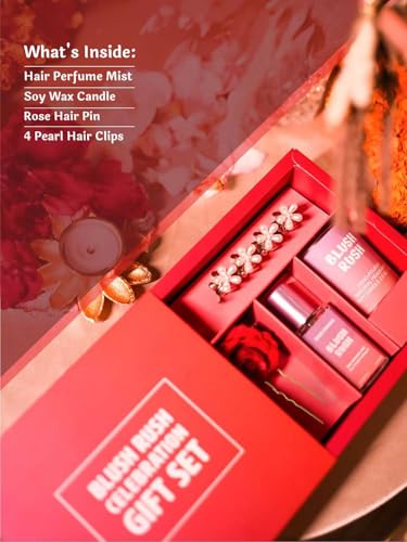 Image of Hair Drama Co. Hair & Body Mist Fragrance Gift Sets for Women | Perfume Gift Set of Blush Rush Hair & Body Mist, Soy Wax Candle, Red Rose Pin & 4 Pearl Claw Clip Set