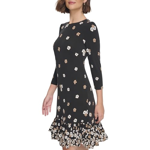 Image of Tommy Hilfiger Women's 3 /4 Sleeve Crew Neck Double Ruffle Hem Jersey Shift Mini Dress