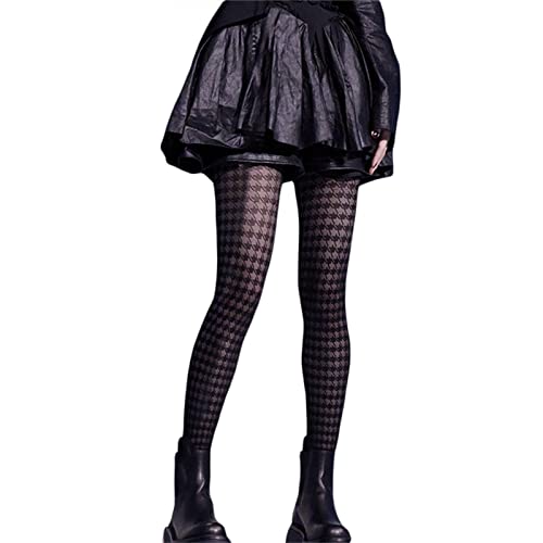 Canrulo Women's Sexy Fishnet Stockings Patterned Mesh Elastic Waist Sheer Tight Stockings Pantyhose Thigh High Stockings Leggings (One Size, Black Houndstooth)