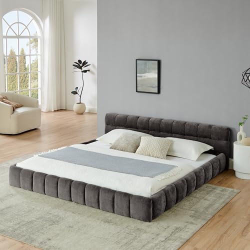 Olodumare King Grounded Bed Frame with Headboard, Cute Puff Grid Pattern Chenille Upholstered Platform Floor Bed with Sturdy Slats, No Box Spring Needed, Easy Assembly, Charcoal Grey