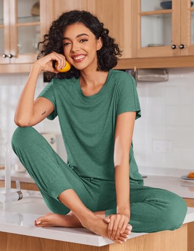 Image of Ekouaer 2 pack Pajama Sets for Womens Jogger Pants Pjs Short Sleeves Lounge Set Soft Sleepwear with Pockets