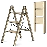 3 Step Ladder Aluminum Folding Step Stool with Wide Anti-Slip Sturdy Pedal, 330lbs Load Capacity for Adults, Multi-use Portable Lightweight Stepladder for Home Kitchen and Office, Gold