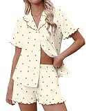 Ekouaer Pijamas Mujer Verano Ropa de Dormir de Dos Piezas Botones Conjunto De Pijama Corto para Mujer con Bolsillos Amarillo Claro L
