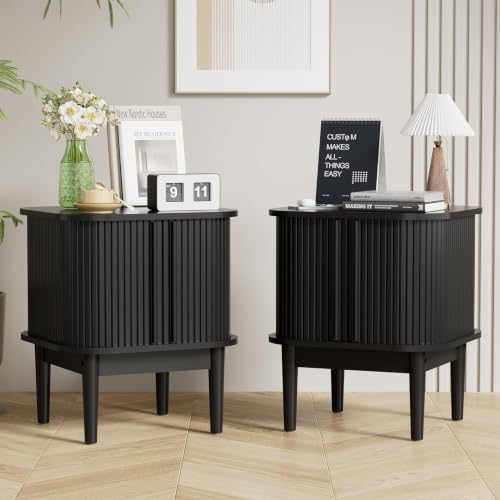 Image of Furniway Mid Century Nightstands Set of 2, Fluted Bedside Tables with Sliding Door Storage, Wooden End Tables with Solid Wood Legs for Bedroom, Black