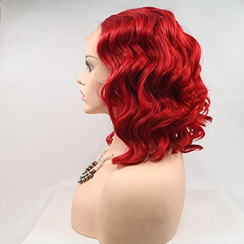 Xiweiya Short Curly Hair Hot Red 14" Bob Wavy Wig Synthetic Lace Front Wig Side Part Heat Resistant Fiber Bob Soft Hair For Women Girl Makeup #TOP3