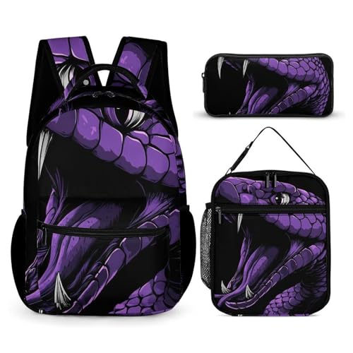 Purple Cobra Snake With Fangs Backpack Shoulder Bags Lunch Bag Pencil Case Box 3 Set Daypack Cute