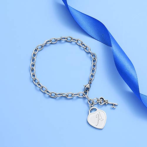Malyunin Initial Bracelets Key Heart Charm Bracelets For Women Charms Bracelet For Girls Stainless Steel Bracelet 26 Letters Jewelry Birthday Christmas Gifts A-Z thumb #3