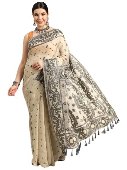 Women's Pure Cotton Jamdani Saree with Woven Floral Butti Design, Traditional Handloom Style Saree with Tassel Pallu & Unstitched Blouse Piece, Soft Lightweight Ethnic Wear for Wedding-picture-27