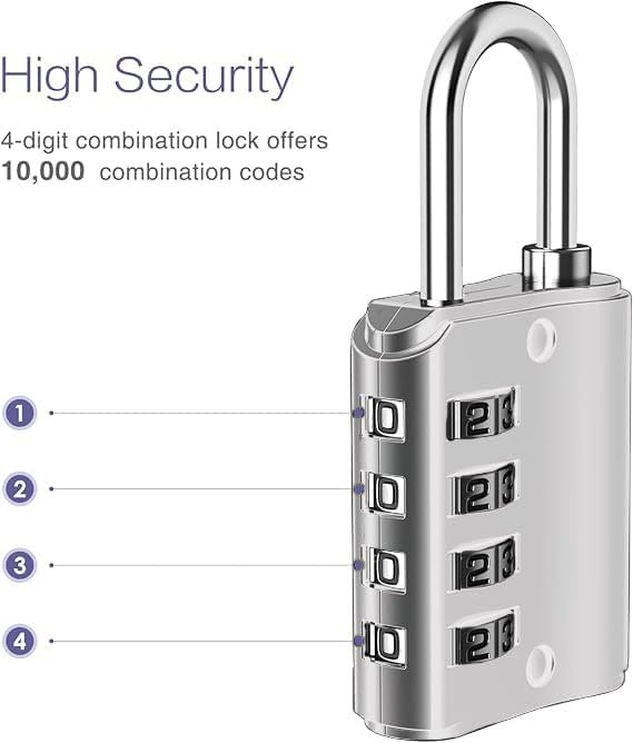 Image of 4-Digit Combination Padlock with Backup Key | Heavy Duty Black Metal Security Lock | Resettable Code for Gym Locker, School, Travel, Gate & Storage Use (Silver)