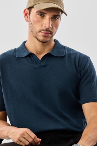 Image of SNITCH Men Knitted Polo T-Shirt | Geometric Pointelle Textured Knit & V-Placket Polo Collar | 100% Cotton Breathable Summer Knit, Casual Resort Wear