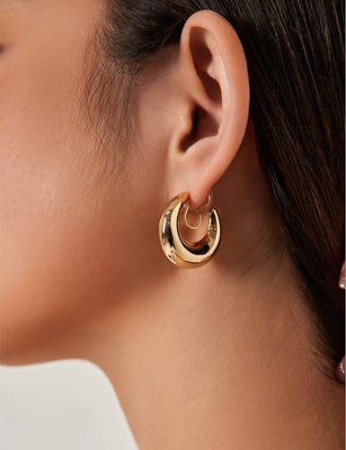 Fan&Louis Clip On Earrings Women Chunky Thick Gold Huggie Hoops Small Lightweight Oval Golden Clip-On Earrings Non Pierced Piercing 14K Real Gold Plated Earrings For Women thumb #2