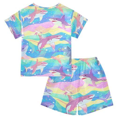 ALAZA Cute Shark Whale Rainbow Pajamas Short Sleeve 2 Piece Sleepwear Top and Bottom Pajama Set Unisex2