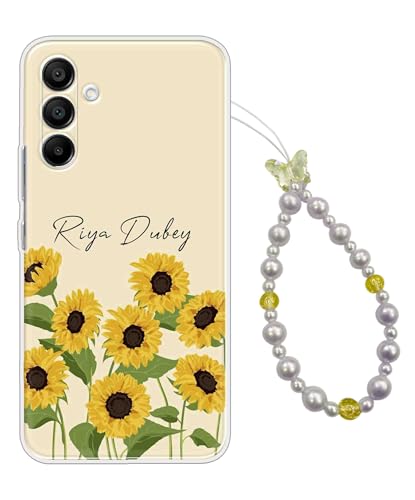 Image of COBERTA Name Customized Back Cover for Samsung Galaxy A15 5G Back Cover Personalized Case with Phone Charm Chain Strap Beads & Pearls for Girls Stylish - Flowers Yellow & Butterfly - CUSTD200