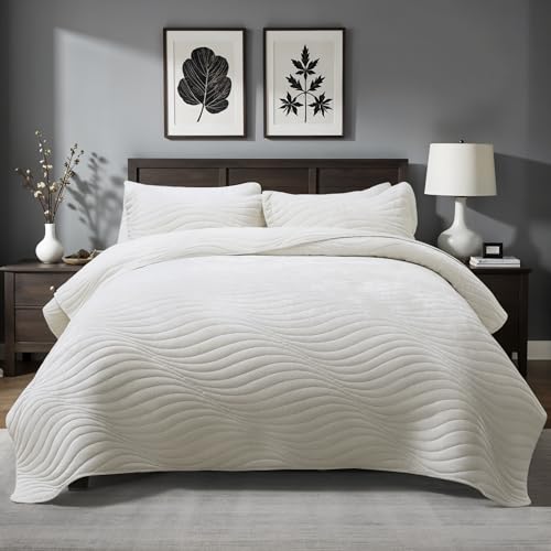 Travan Luxury Velvet Quilt Set King Size, Ultra Soft Velvet Bedding Sets, Lightweight Quilted King Quilt Bedding Set, Oversized Bedspread Coverlet with 2 Shams for All Season, Cream White