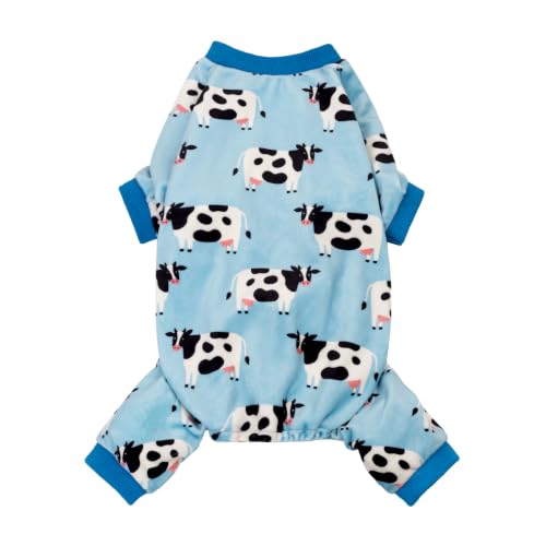 Image of Fitwarm Milk Cow Fleece Dog Pajamas, Soft Winter Clothes for Small Dogs Boy Girl, Warm Pet Onesie, Blue, Black, White, Medium