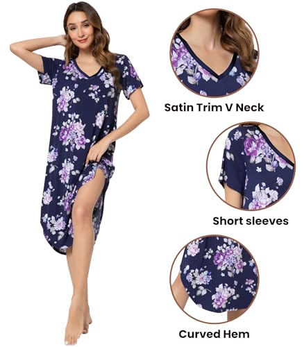 Image of NACHILA Nightgowns for Women-Viscose Made from Bamboo, V Neck Sleepshirts Short Sleeve Sleepwear Cool Nightshirt