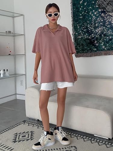 Image of Zilcon Womens Half Sleeve Oversized Tshirt for Woman Trendy Casual V Neck Summer Collared Preppy Tops Fashion Loose Fitted Western Tops for Women Stylish
