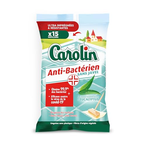 Carolin Lingettes Sols Anti-bactériennes sans Javel à l'Huile Essentielle d'Eucalyptus x15